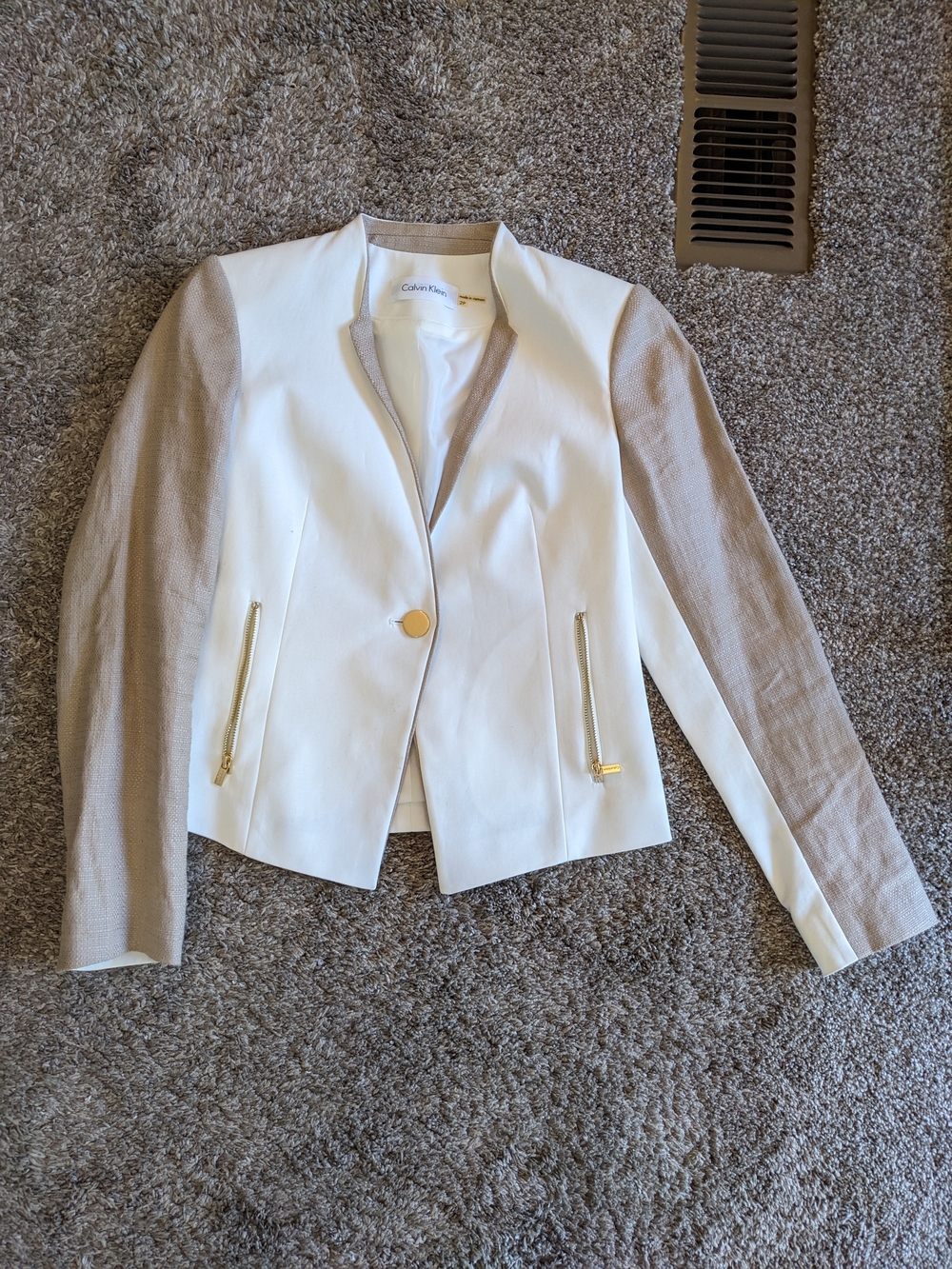Calvin Klein White Blazer with Taupe Sleeves and Gold Zips